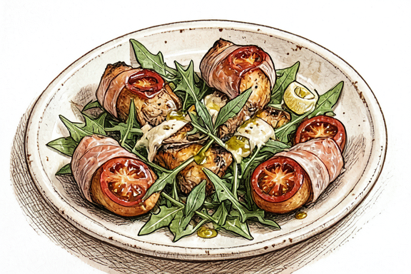 Involtini de Vitela com Salva e Presunto na Air Fryer sobre Rúcula