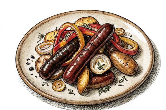 Salsiccia e Peperoni na Air Fryer com Batatas Assadas
