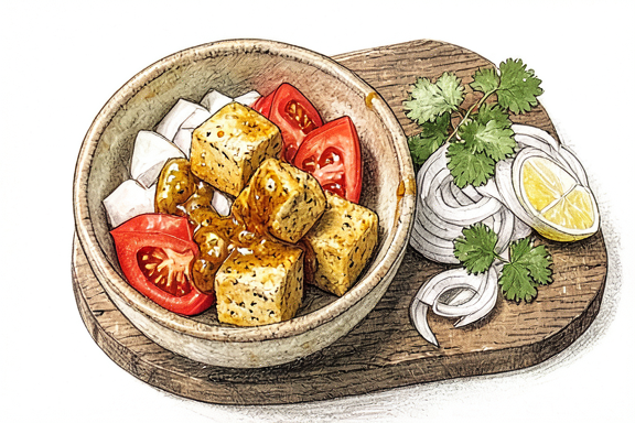 Tofu Kadai na Air Fryer com Salada de Cebola