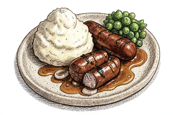 Bangers and Mash com Molho de Cebola Caramelizada