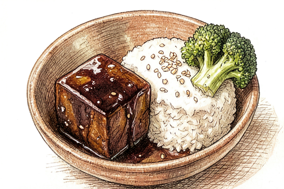 Buta no Kakuni com Arroz e Brócolos Cozidos a Vapor