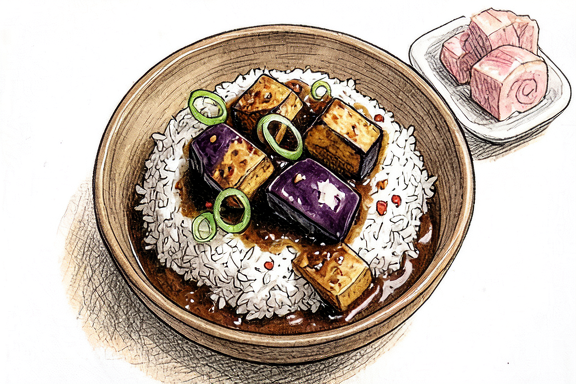 Beringela e Tofu com Molho de Alho sobre Arroz