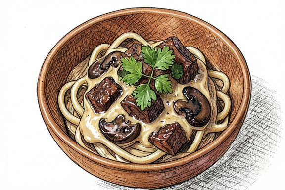 Stroganoff Cremoso de Vaca e Cogumelos com Massa de Ovo