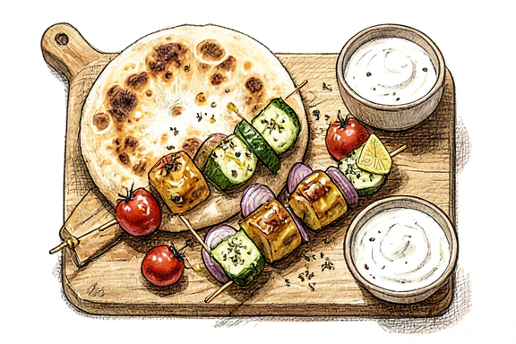 Espetadas Cipriotas de Halloumi e Legumes