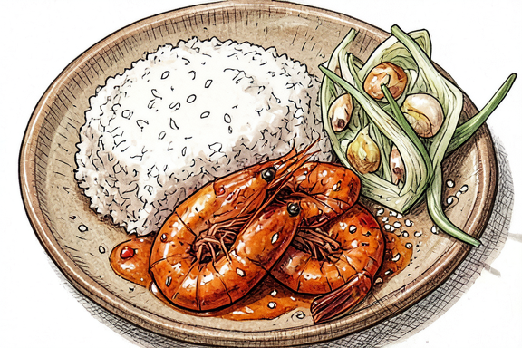 Ebi Chili com Couve Salteada e Arroz