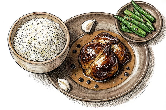 Adobo de Frango Filipino com Arroz Vaporizado e Feijão Verde Salteado