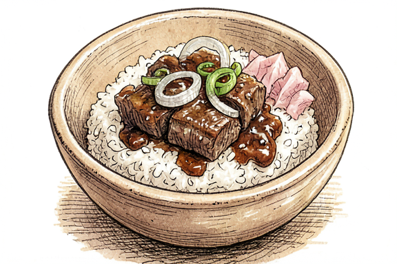 Gyudon com Arroz Cozido e Gengibre em Conserva