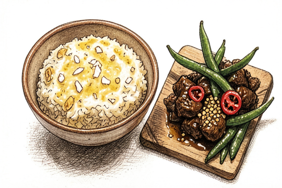 Rendang de Vaca Indonésio com Arroz de Coco e Feijão Verde