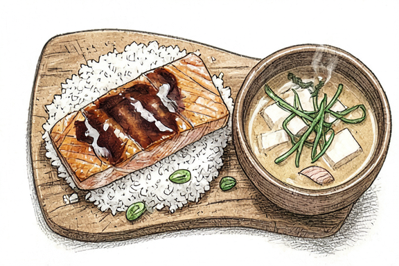 Salmão Teriyaki com Sopa de Miso e Arroz Cozido