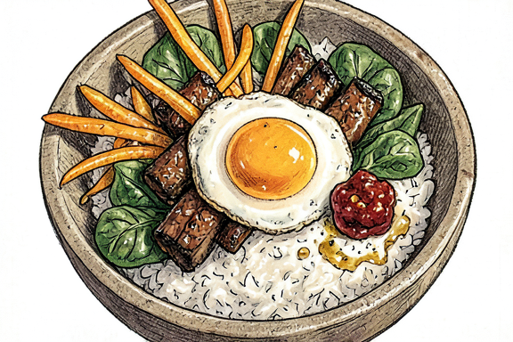 Bibimbap Coreano com Carne de Vaca, Espinafres, Cenouras e Gochujang