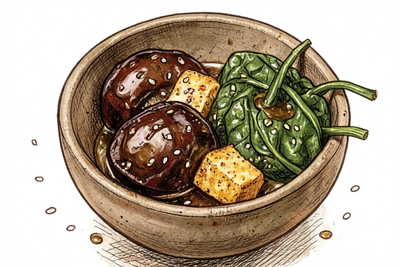 Nasu Dengaku com Tofu Frito no Air Fryer e Espinafres