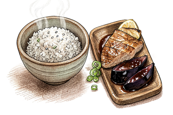Nasu Miso com Salmão Grelhado e Arroz