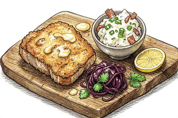 Schnitzel de Porco com Salada de Batata Alemã e Couve-roxa Estufada
