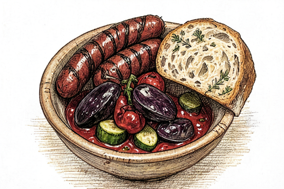 Ratatouille com Salsicha Grelhada e Pão Crocante
