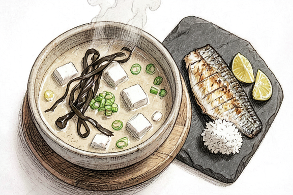 Saba Shioyaki com Sopa de Miso e Arroz