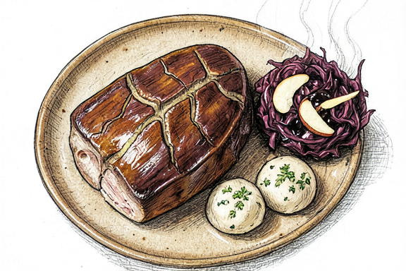 Schweinebraten com Knödel e Couve-roxa