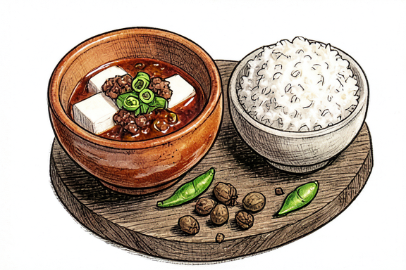 Mapo Tofu de Sichuan com Carne de Porco Picada e Arroz Cozido