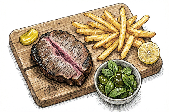 Bife com Batatas Fritas e Salada de Agriões