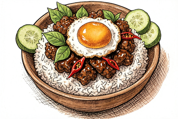 Frango com Manjericão Tailandês (Pad Krapow) com Ovo Frito e Arroz Jasmim
