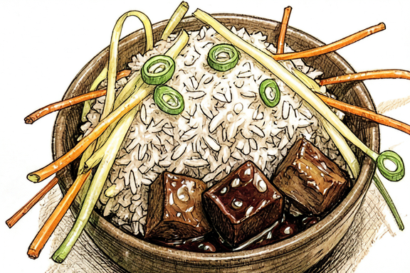 Tigelas de Porco Caramelizado Vietnamita (Thit Kho) com Arroz e Daikon em Pickles